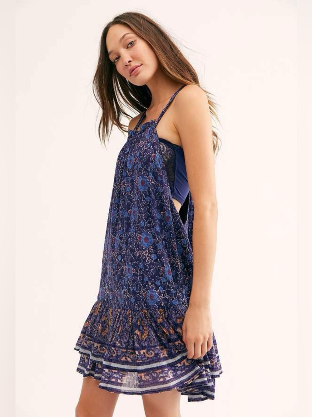 Free People Lyla Mini Dress Swing Printed Floral Babydoll Tunic Large